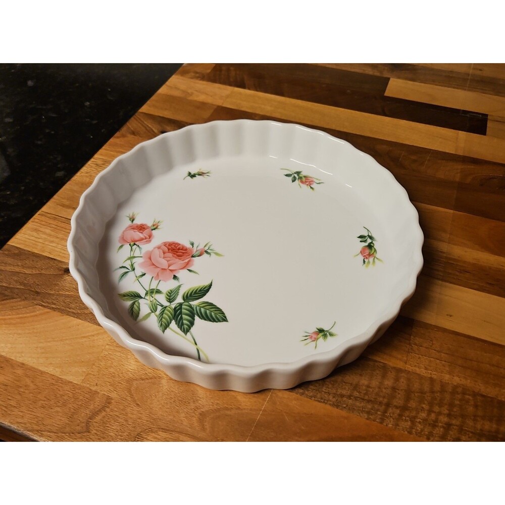 Vintage Christineholm Porcelain Rose Pie/Quiche Baking Dish w/ Scalloped edges
